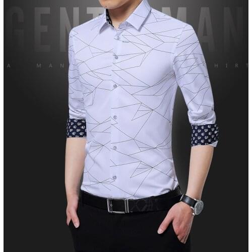 Brand Well-designed Mens Dress Shirts Men Shirt Long Sleeve Geometric Print Party Shirt Roll Sleeve Fashion Blouse for Man