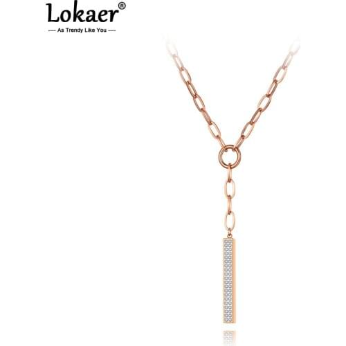 Lokaer Bohemia Stainless Steel Geometry Choker Necklace Trendy Long Tag Rhinestone Pendant Chain Link Jewelry For Women N20254