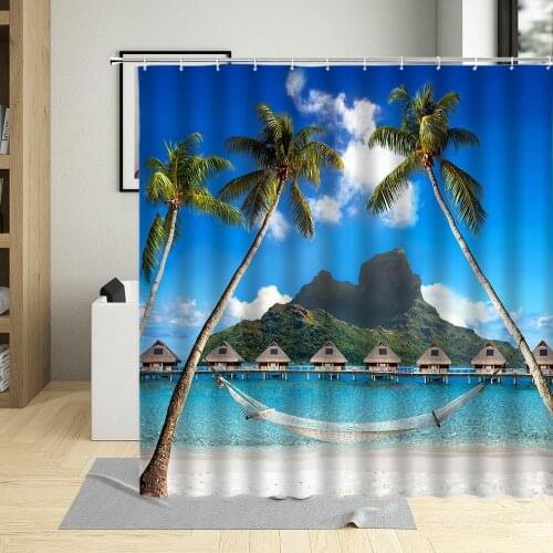 Summer Day Seaside Vacation Hammock Shower Curtain Sandy Beach Coconut Tree With Hook Bathroom Home Decorative Waterproof