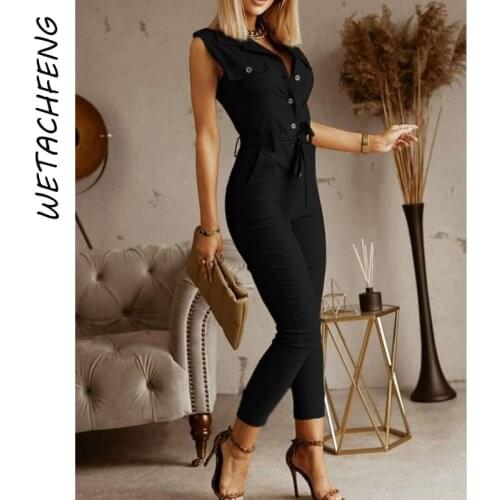 Womens Jumpsuits Summer Sleeveless Black Slim Overalls Outfits Long Pants Pockets Sashes Sexy Elegant Rompers Female Clothing