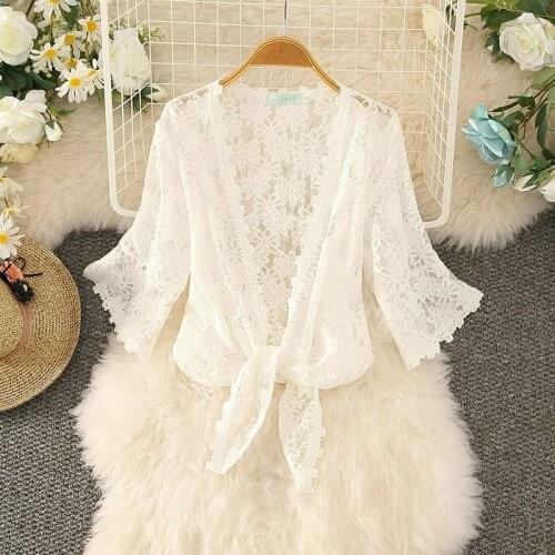 Korean Chic Summer Blouse Sunscreen V-neck Chiffon Lace Cardigan Short Coat Cape Clothes Air Conditioning Shirt Shawl Girl 15857