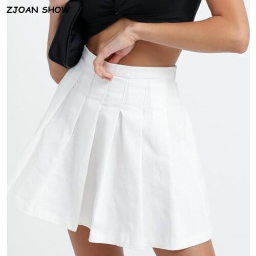 2021 Summer Vintage Ruched Dropped Pleated Mini Skirt Preppy Style High Waist A-Lined Short Skirts Black White color Side Zipper