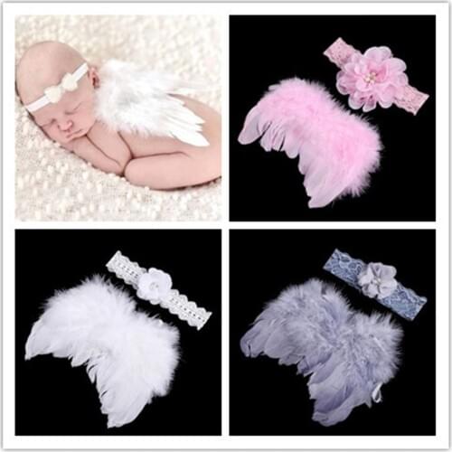 Cute Pink Newborn Girls Clothes Baby Photography Prop Feather Angel Wing Lace Flower Headband Set Ropa De Photo Accessories