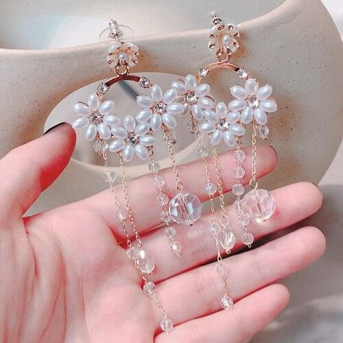 Fashion Korea Pearl Flowers Drop Earrings for Women Tassel Crystal Water Drop Pendant Earrings Jewelry Gifts Wholesale