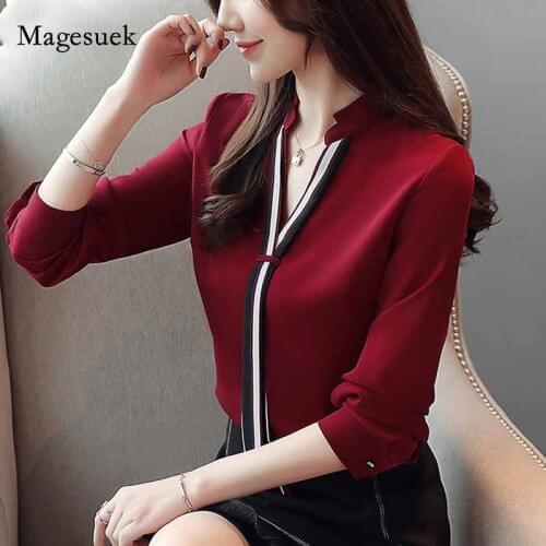 Office Lady New Pullover Chiffon Long Sleeve White Red Womens Blouse Shirt Stand Collar Blouse Women Tops Blusas Mujer 6469 50