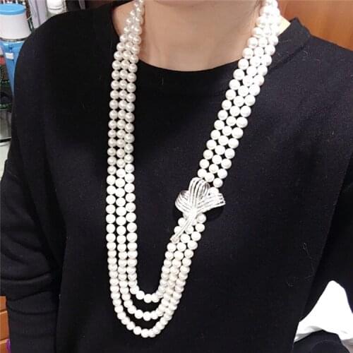 Hand knotted natural 3rows 7-8mm white freshwater pearl micro inlay zircon necklace fashion jewelry