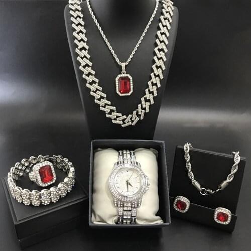 Luxury Men Silver Color Watch & Neckalce & Braclete & Ring & Earrings Combo Set Ice Out Cuban Jewerly Necklace Hip Hop For Men
