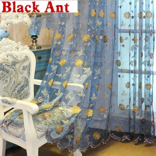 Luxury Leaves Rustic Curtain For Living Room Balcony Blue Sheer Lace Floral Voile Kitchen Drape Tulle Curtain X066#40