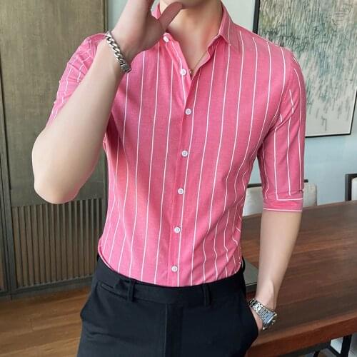 Plus Size 5XL-M Summer Half Sleeve Striped Work Shirts For Men Clothing 2021 Simple Slim Fit Casual Office Blouse Homme Hot Sale