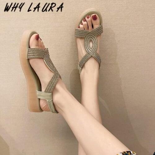 Ladies Sandals New Summer Shoes Ladies Diamond Women Casual PU Leather Comfortable Retro Outwear Beach Sandals