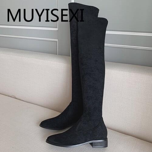 Flat Over the Knee Boots Black Elastic Flock Slip-On Thigh High Boots Women Shoes Sexy Fashion Gray plus size JD07 MUYISEXI