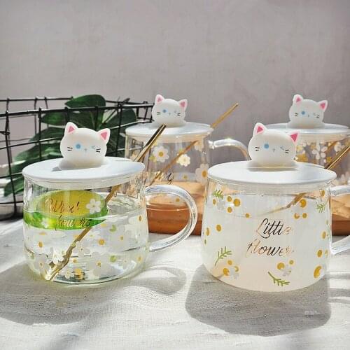 3D Cat Large Capacity Glass Juice Flower Tea Milk Coffee Cup Lovely Flower Breakfast Cup With Lids Spoon Drinking Glasses MugD