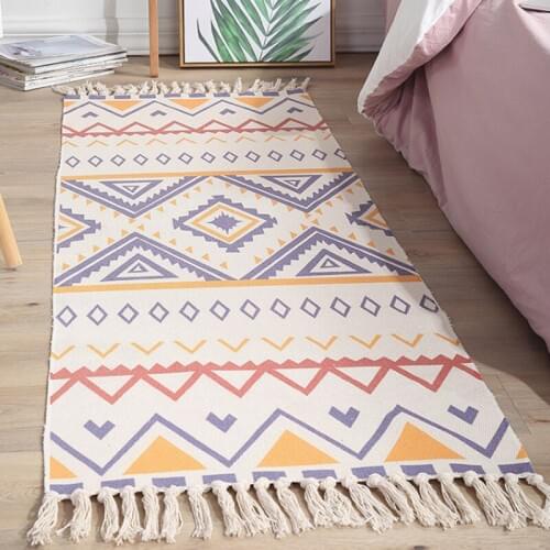 Bohemian Bedroom Bedside Carpet With Tassels Handmade Cotton Linen Geometric Tapestry Rugs Home Decor Study Room Sofa Floor Mat