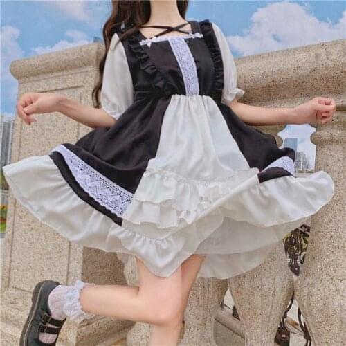 Japanese Sweet Kawaii Jsk Lolita Dress Women Vintage Victorian Gothic Square Collar Short Sleeve Lace Princess Tea Party Dresses
