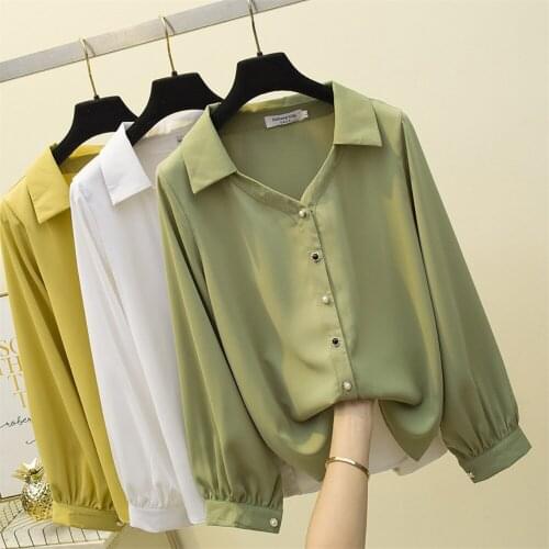 Autumn Fashion Button Up Loose Shirt Vintage Blouse Women White Green Yellow Office Ladies Long Sleeve Plus Size Shirts Tops