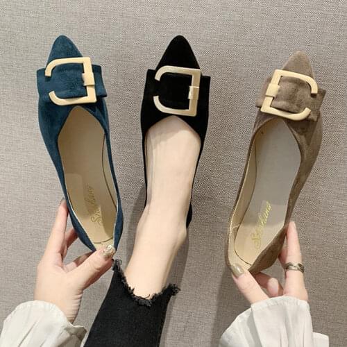 2021 Spring Women Flats Black Pointed Toe Ballet Flats Metal Boat Shoes Woman Flock Casual Shoes Female Loafers Blue Khaki