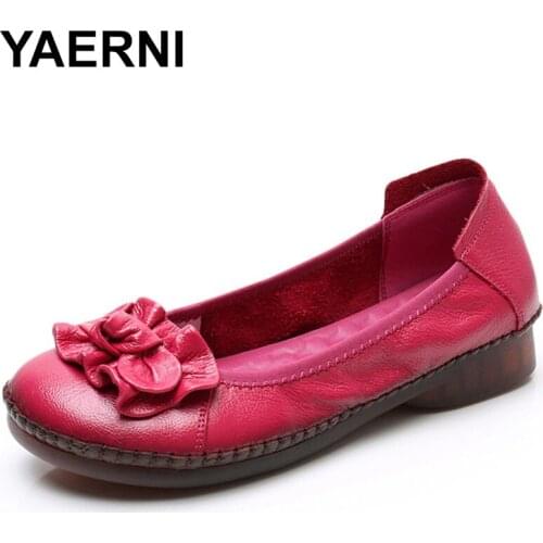 YAERNI 2021 Women Flats Shoes Spring Autumn Genuine Leather Handmade Comfortable Flower Shoes Woman Loafers Soft Leather Shoes