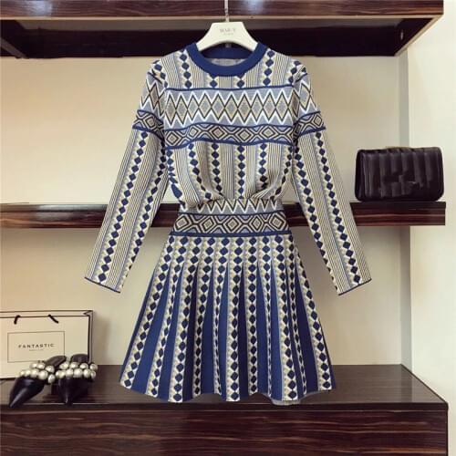 Women Knitted 2-piece Sets Casual Jacquard Geometric Pattern Sweater Jumpers A-line Skirt Sets Fall Winter New Blue Black Gray