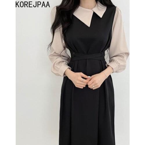 Korejpaa Women Dress 2021 Autumn Korean Chic Elegant Temperament Irregular Lapel Contrast Color Stitching Puff Sleeve Vestidos
