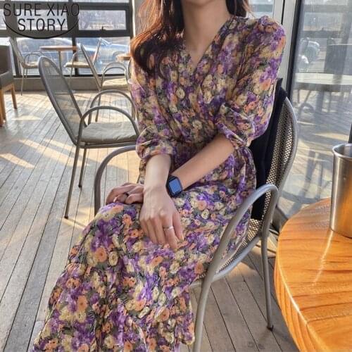 Casaul Temperament V-neck Chiffon Dress Vintage Dress Romantic Purple Floral Dresses Women Spring Long Sleeve Vestido Robe 13256