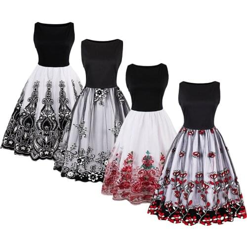 Ladies Vintage 50s Floral Swing Dress Sleeveless Cocktail Tea Dress