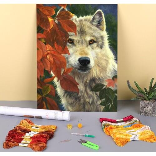 Animal Wolf Printed Fabric 11CT Cross Stitch Set DIY Embroidery DMC Threads Sewing Handicraft work Handmade Wholesale
