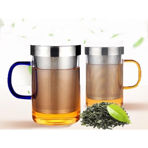 300ml Modern Transparent Glass Tea Mug with Stainless Steel Filter Tea Cup with Handle Cover Mens Office Tea Cup Lazy Mugs
