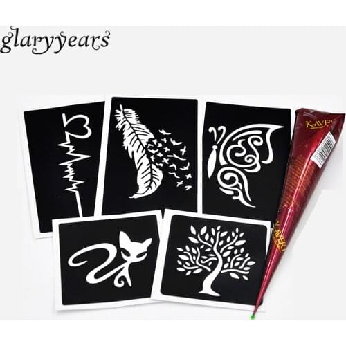 5 Pieces Small Henna Stencil + 1 Piece Brown Henna Paste Flower Lace Pattern for Women Men Body Art Paint Drawing Tattoo Stencil