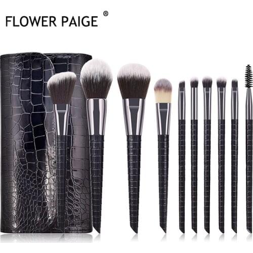 FLOWER PAIGE 10Pcs Makeup brushes set Black/white Professional with Natural Hair Foundation Powder Eyeshadow Make up Brush