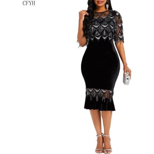 Elegant Style 2019 Fashion Dress Black O-Neck Half Sleeve Tassel Sequined Sheath Mature Spring Midi Dress