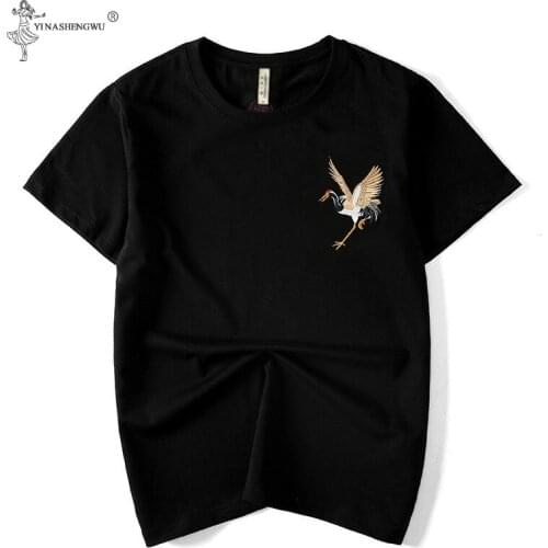 Summer New Chinese Style T-shirt Retro Ethnic Style Embroidery Fairy Crane Japanese Mens Short-Sleeved T-shirt Men Loose Tops