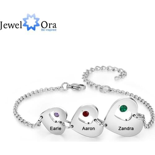 JewelOra Designer Personalized Engraving Name Women Bracelet Custom 3 Heart Charm Bracelets Valentines Day Gift for Her