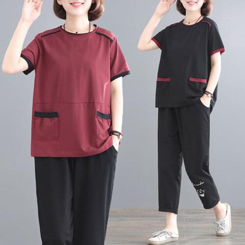 Two Piece Sets Middle-aged Tracksuits Women 2021 Summer Casual Short Sleeve T-shirt Top and Pants Suits Womens Outfits X120