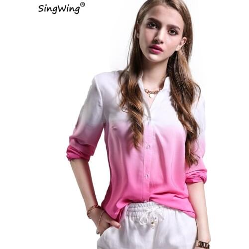 Summer Cotton Women Blouse Gradual Change Pink Color Blouses Casual Style Long Sleeve Females Shirts Tops