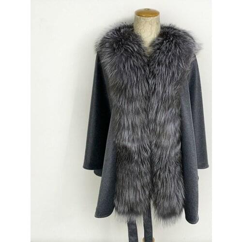 FURSARCAR Women Gray Woolen Cape With Genuine Big New Fashion Real Nature Fox Fur Collar Shawl With Belt Wrap For Female