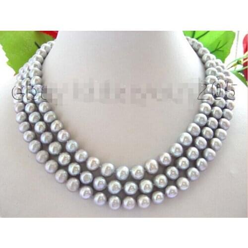 3rows Natural 9mm Round Gray Pearl Necklace Cameo