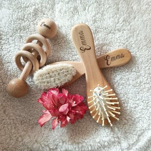 Personalised baby Name Wooden brush Organic Wood Montessori Style Baby Rattle Baby keepsake Custom Baby shower Newborn gift Set