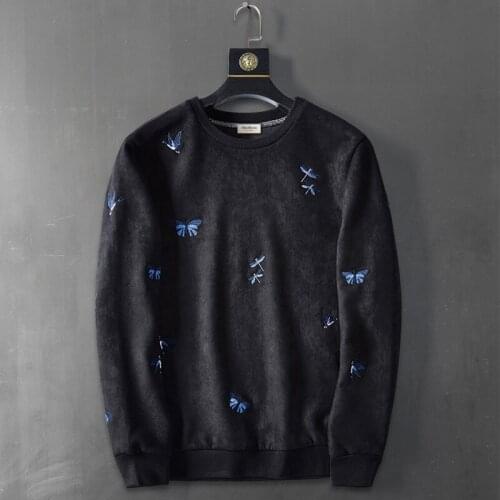 Spring new round neck pullover embroidery sweater mens cotton loose large size trend mens wild long-sleeved shirt