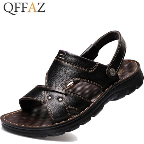 QFFAZ 2019 summer mens slippers genuine leather sandals outdoor casual men leather sandals for Beach shoes chaussures