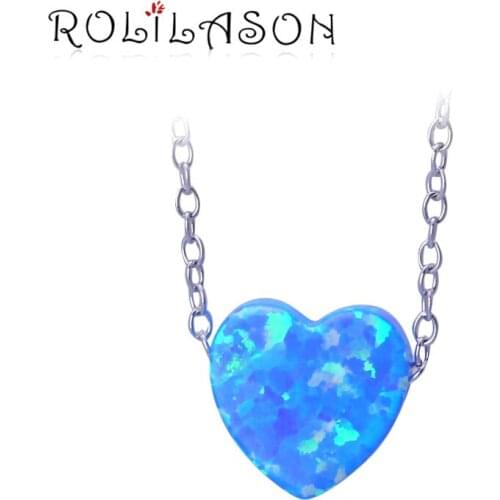 ROLLASON 925 sterling silver necklace pendant Wedding design Heart-shaped blue fire opal for women OPS737