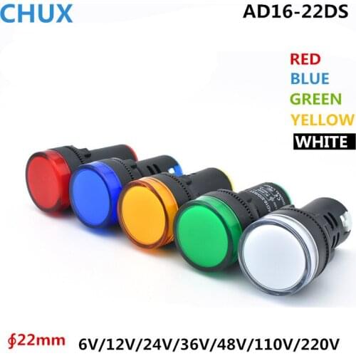 22mm LED Indicator Light 6V 12V 24V 36v 48v 110V 220V 380V Panel Mount LED Signal Light Lamp AD16-22DS