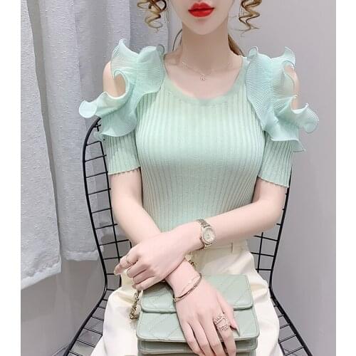 Off-The-Shoulder Knitted Shirt Summer New Lace Strapless Temperament Joker Show Thin Solid Color Women Blouse Tops Pull Sweater