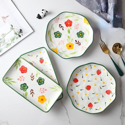 Japanese Ceramic Mesh Red Household Tableware Breakfast Dish Fish Plate Western Steak Plate Irregular Tableware Cutlery Set