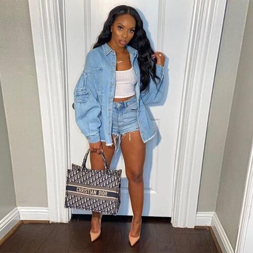 TNNAOFF Sexy Denim Jacket Coat for Women Fall Clothing Fashion Lantern Sleeve Button Pocket Burrs Jean Jackets Casual Outerwear