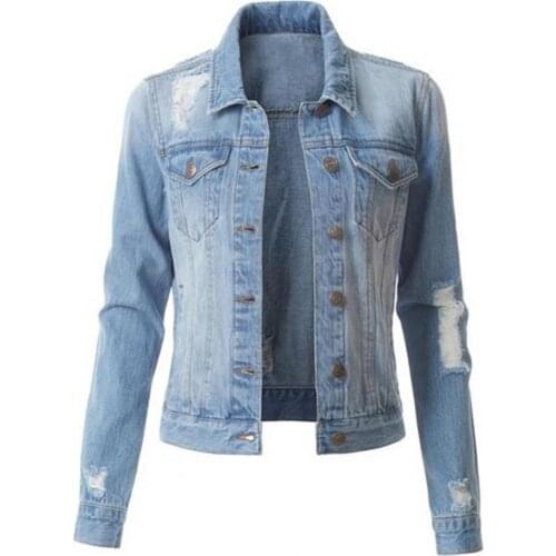 2021 Autumn Women Denim Jacket Coat Solid Color Ripped Winter Washed Single Breasted Lapel Female Jeans Jacket Streetwear