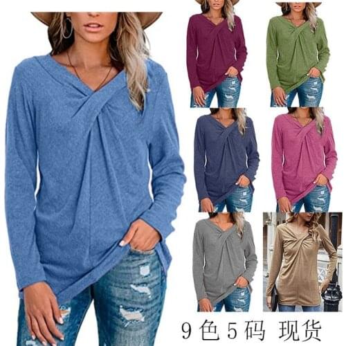 2021 harajuku womens clothing European and American spring and summer new solid color V-neck twisted long-sleeved T-shirt