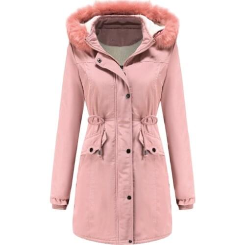 Quanss Winter Jacket Women 2021 Fashion Hooded Lace Up Pink Padded Coats Plus Velvet Thick Warm Parkas Female Long Outwear