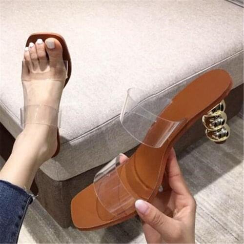 Women sandals PU Slip On 10CM Thick heel High heels Square Toe Shallow women shoes sandalias mujer 2020 size 35-42 Beige