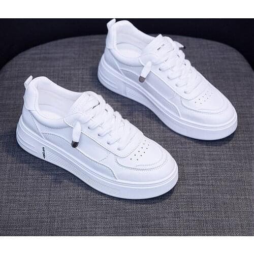 Women Vulcanized Shoes Platform 4.5cm Lace-up Flats 2021 Fashion Leisure Outdoor Comfortable PU Footwear White Sneakers