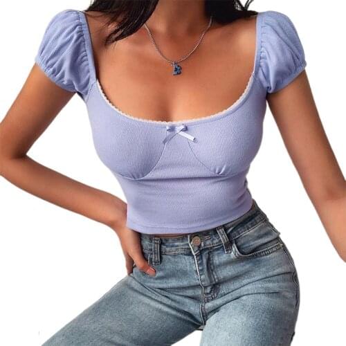 Women Summer Casual Solid Color Slim Tanks Tops Fashion Short Sleeve Square Collar Tanks